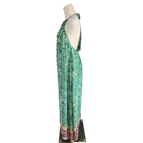 Zara Silky green paisley Scarf printed halter Open Back maxi dress size Medium - Picture 4 of 5